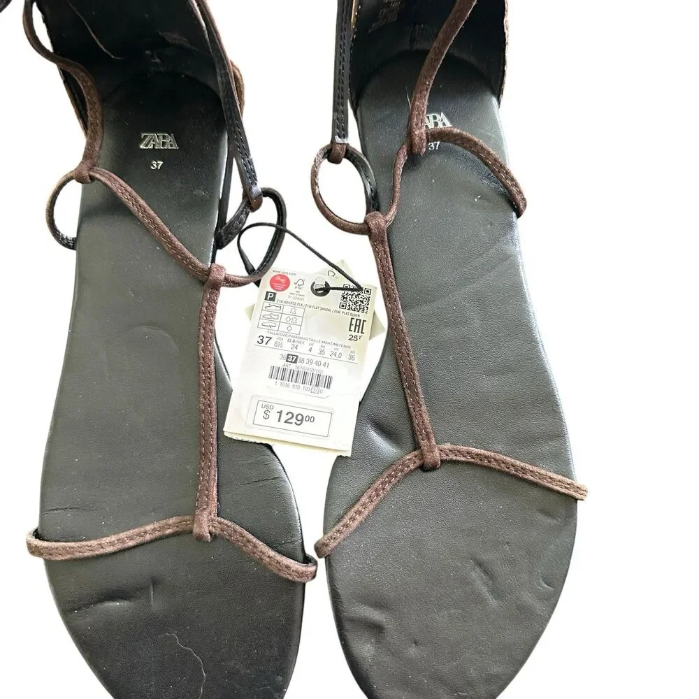 NWT Zara Sandals 37 US 6.5 Flat Brown Suede Leather Gladiator  REF 1616/910 - Picture 10 of 10